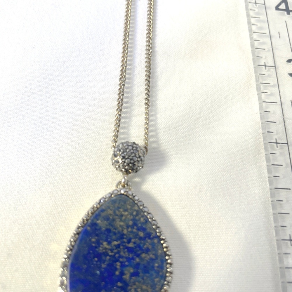 Vintage Lapis Lazuli Teardrop Pendant Necklace Long Chain Blue Gold Fleck Boho - Picture 9 of 16